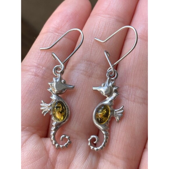 925 sterling silver amber seahorse Earrings - Picture 3 of 7